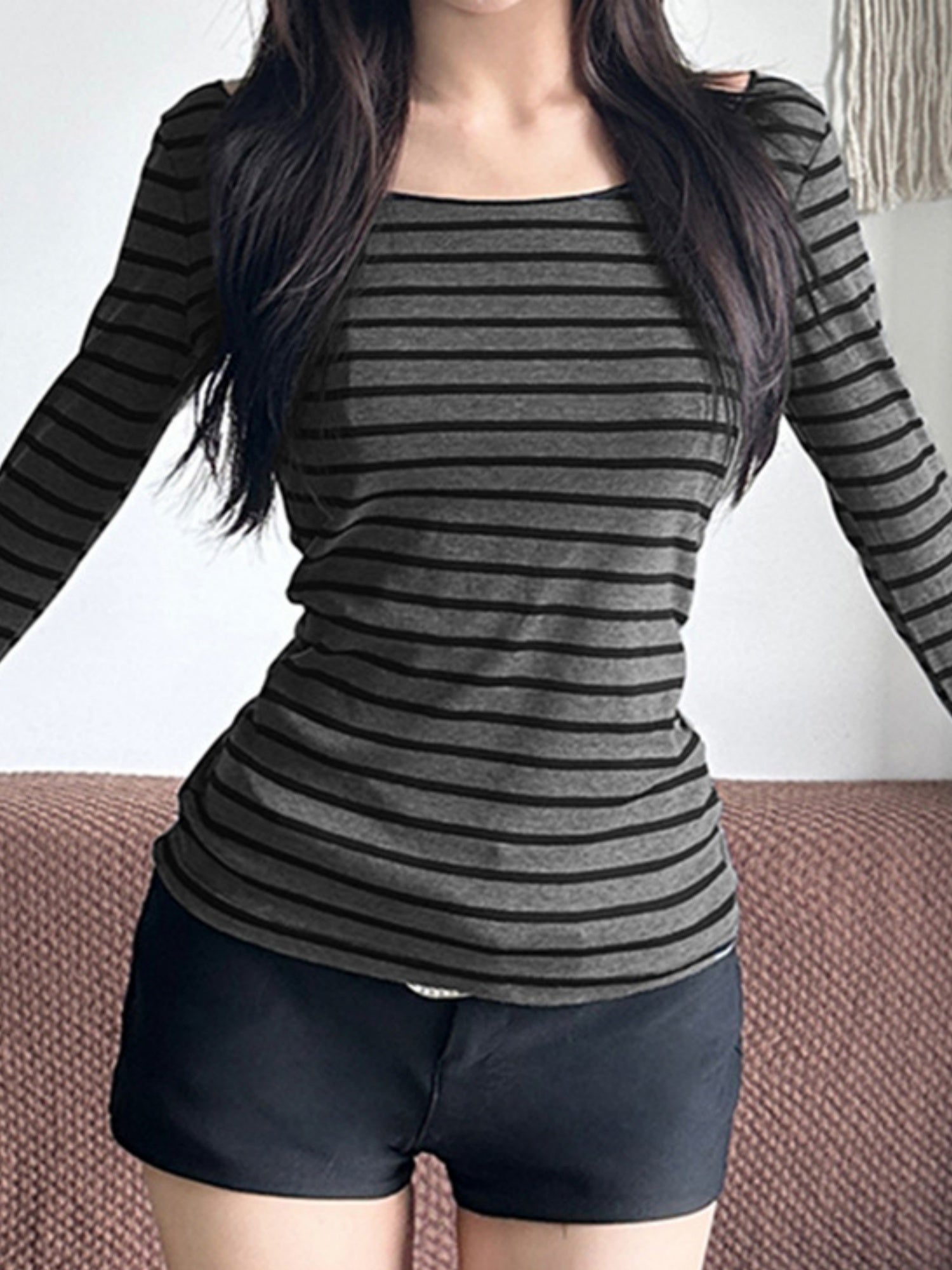 Striped Color Blocking Off-shoulder Slimming Off-shoulder Long-sleeved T-shirt