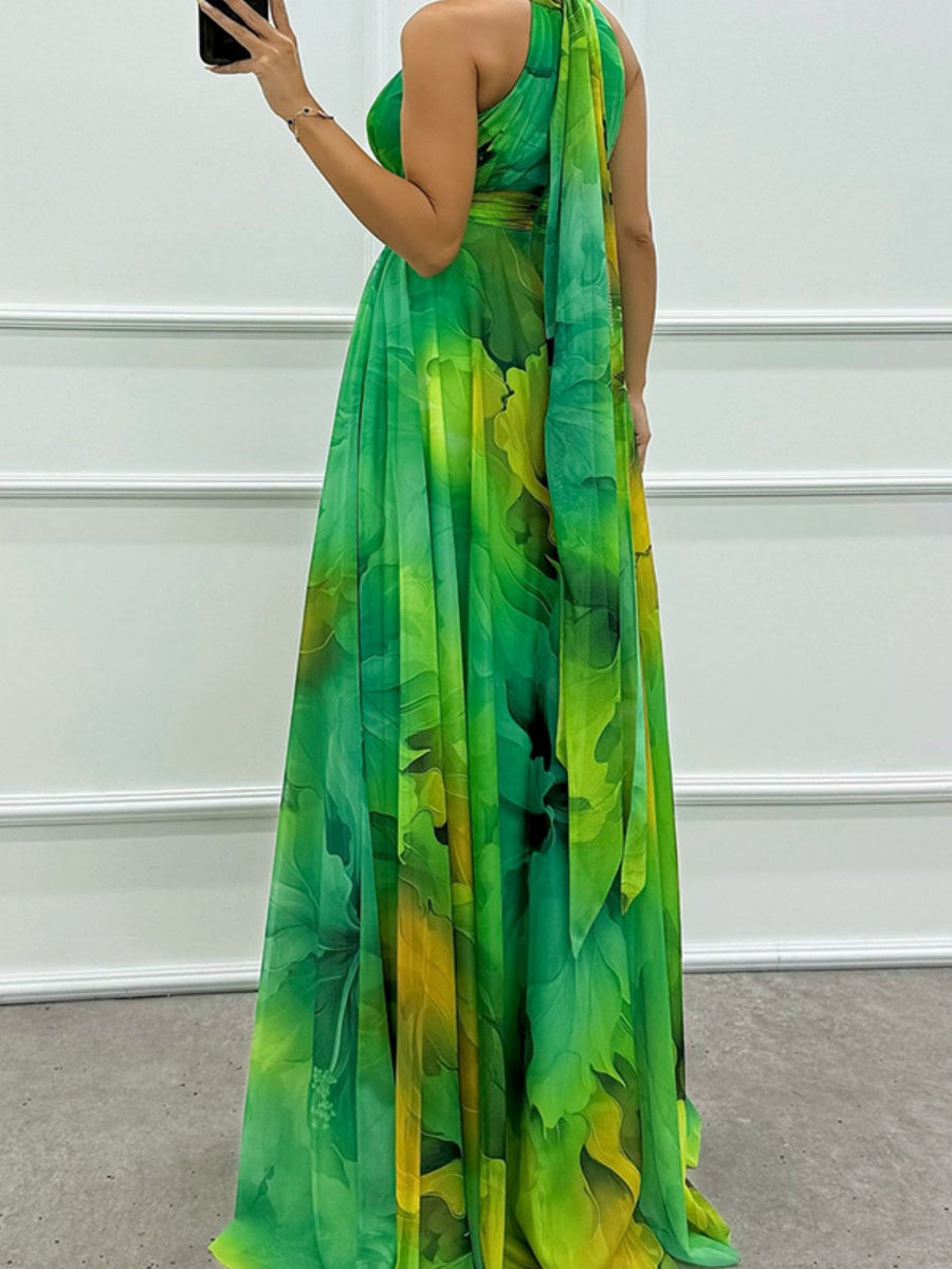 Mesh Printed Halter Formal Dress Maxi Dresses