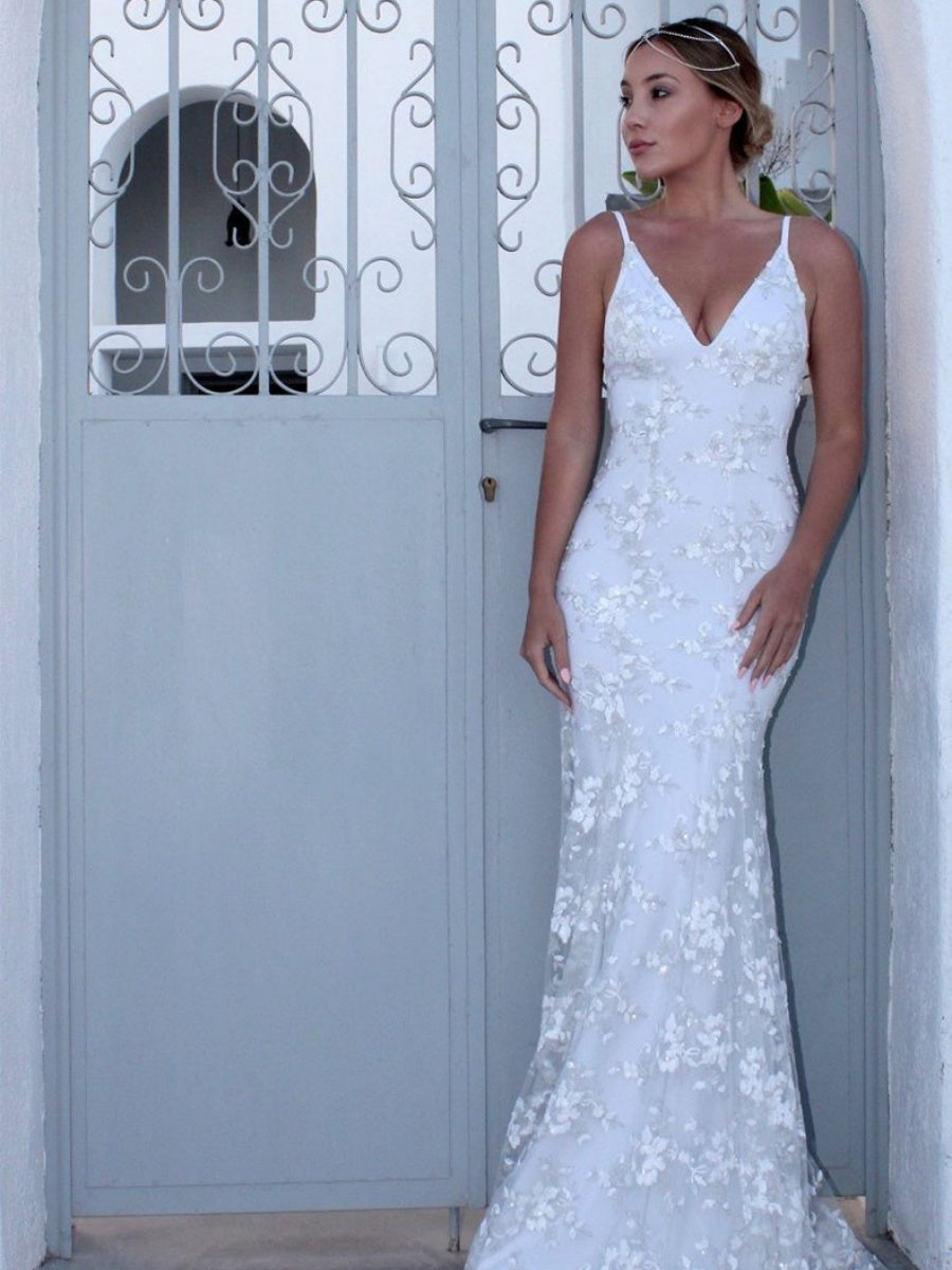 Lace White V-neck Camisoles Formal Dress Maxi Dresses