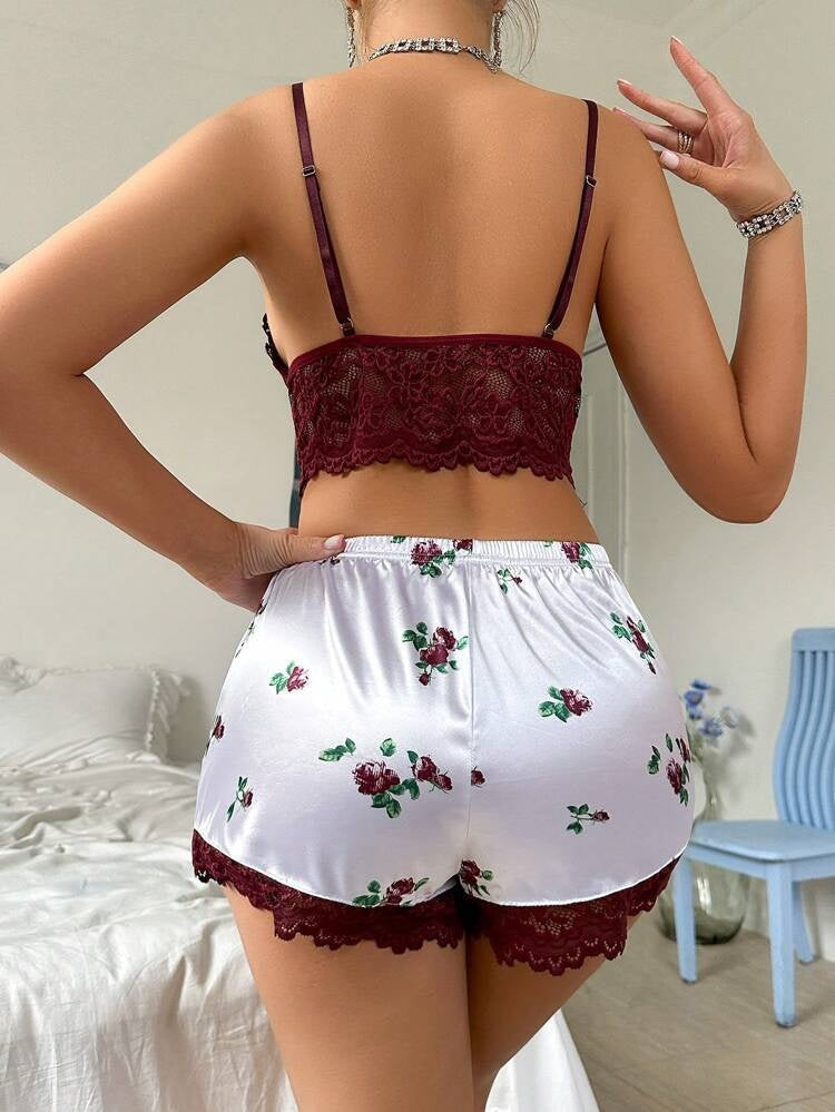 Deep V Lace Cutout Camisole Bra And Lace Trim Shorts Pajama Set