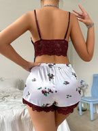 Deep V Lace Cutout Camisole Bra And Lace Trim Shorts Pajama Set
