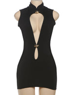 Hollow Out Metal Decoration Sleeveless Bodycon Mini&Short Dresses