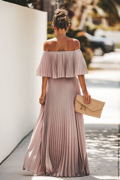 Off Shoulder Pleated Ruffle Overlay Accordion Pleat Maxi Dress