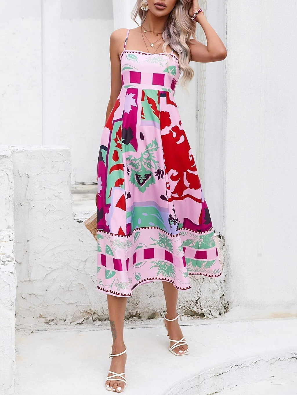 Square Neck Spaghetti Strap Abstract Tropical Print Midi Dress