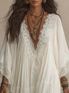 Batwing Sleeves V-neck Lace Stitching Beach Dress Seaside Smock Maxi Dresses