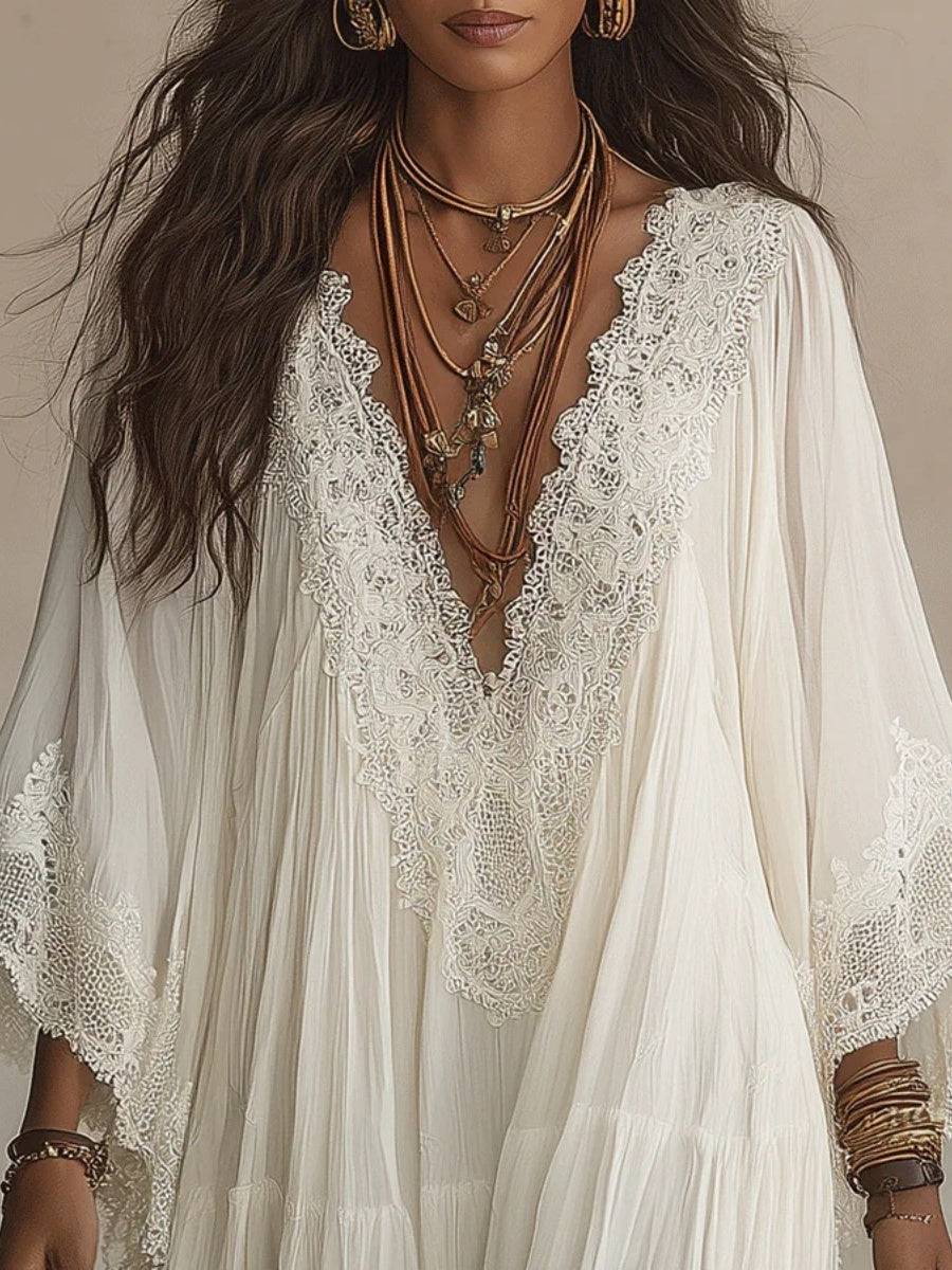 Batwing Sleeves V-neck Lace Stitching Beach Dress Seaside Smock Maxi Dresses
