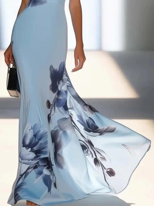 Blue Floral Print One-shoulder Long Dress