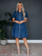 Denim Buttons Short-sleeved Collar Mini&Short Dresses