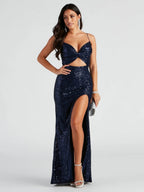 Sequins Slit Bare Waist Camisoles Formal Dress Maxi Dresses