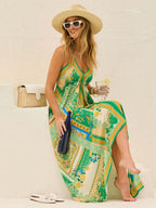 Ethnic-style Printed Off-shoulder V-neck Spaghetti Strap Long Dress
