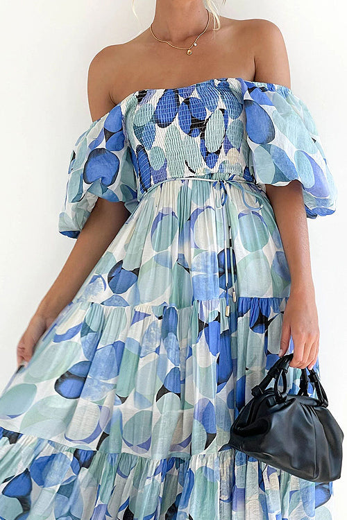 Off Shoulder Smocked Tiered Abstract Circle Print Maxi Dress