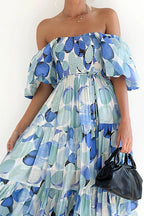 Off Shoulder Smocked Tiered Abstract Circle Print Maxi Dress