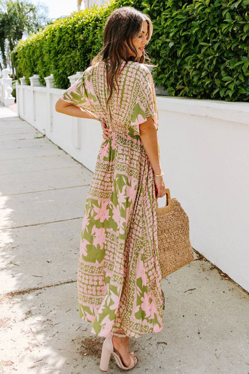 Large Scale Floral Print Deep V-Neck Flutter Sleeve High Split Maxi Dress