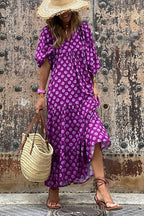 Geometric Lattice Print V-Neck Puff Sleeve Tiered Maxi Dress