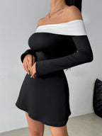 Black And White Color Blocking Off-shoulder Off Shoulder Flared Sleeves Mini&Short Dresses