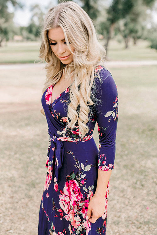 Wrap V-Neck Three Quarter Sleeve Tie Waist Floral Maxi Dress