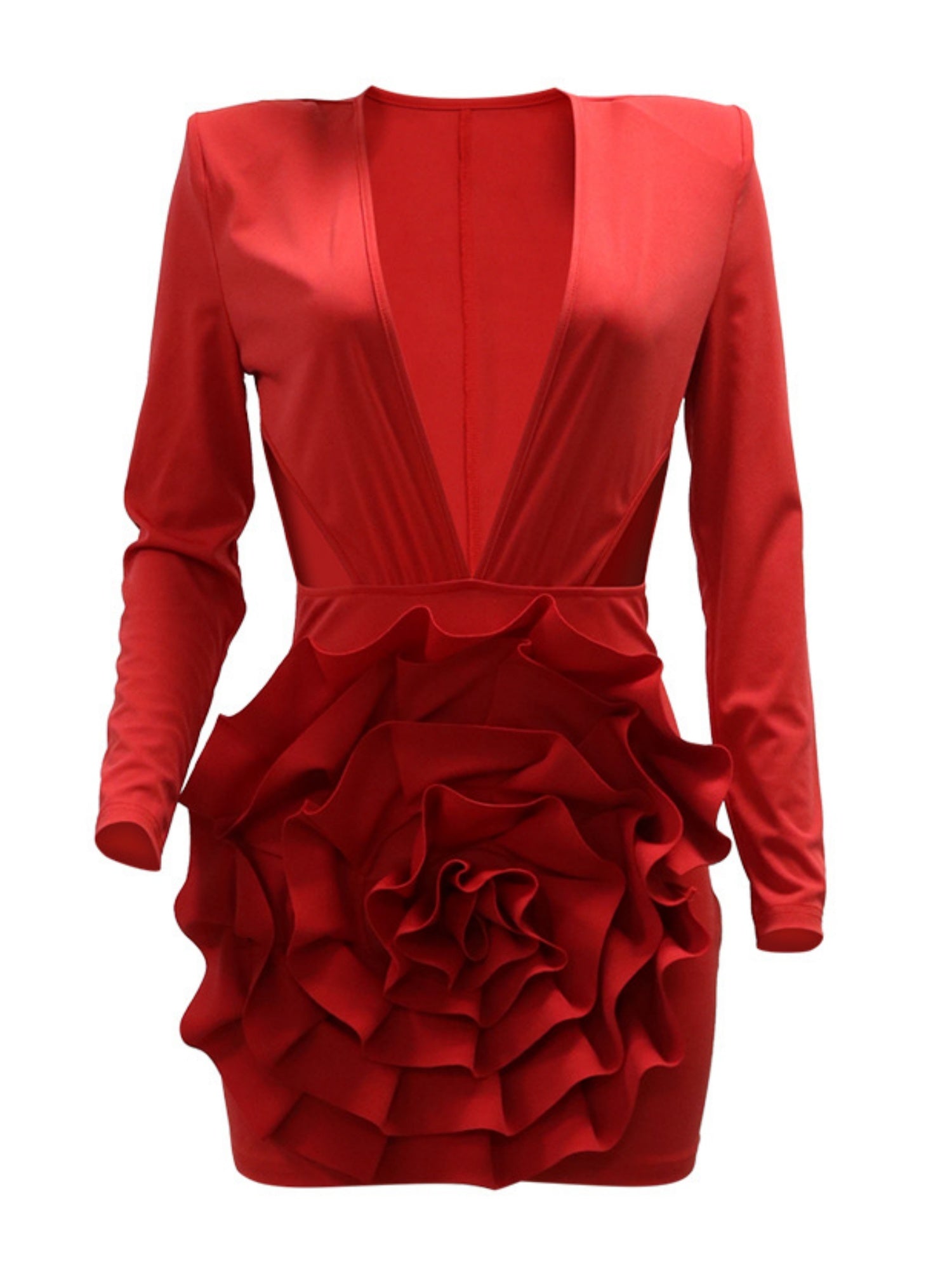 3D Flowers Valentine's Day Deep V Long Sleeve Pleated Mini&Short Dresses