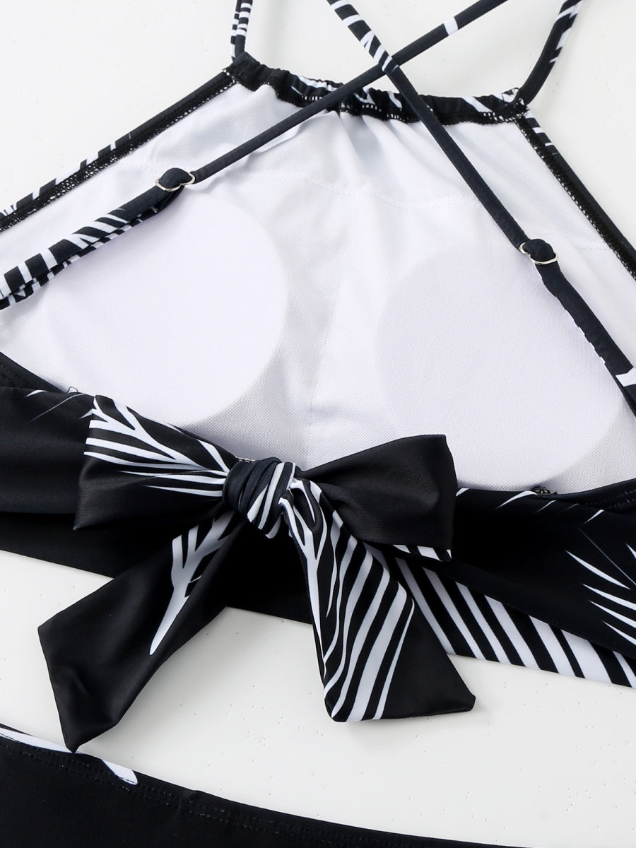 Feather Print Two-Piece Swimsuit With Sun Protection And Skirt (Three-Piece Set)