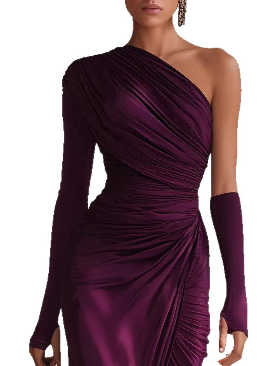 Asymmetrical Sloping Shoulders Long Sleeve Slit Grace Temperament Maxi Dresses