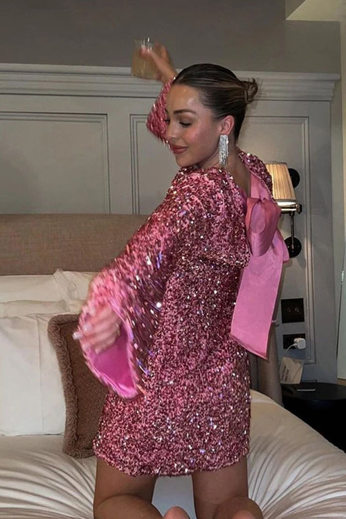 Long Sleeve Sequin Open Back Bow Detail Mini Dress