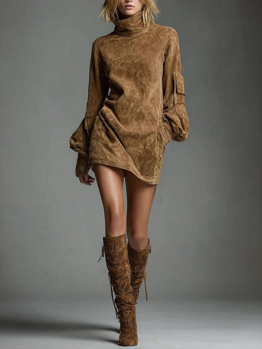 Old Deerskin High-necked Long-sleeved Pocket Mini&Short Dresses