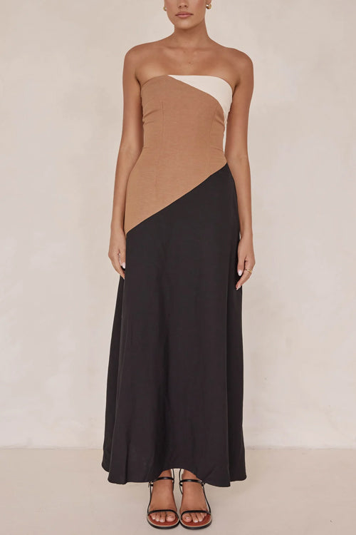 Strapless Color Block Pocketed Maxi Party Dress