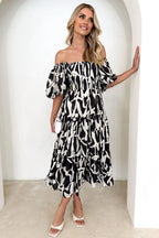 Botanical Floral Print Off Shoulder Smocked Puff Sleeve Tiered Midi Dress