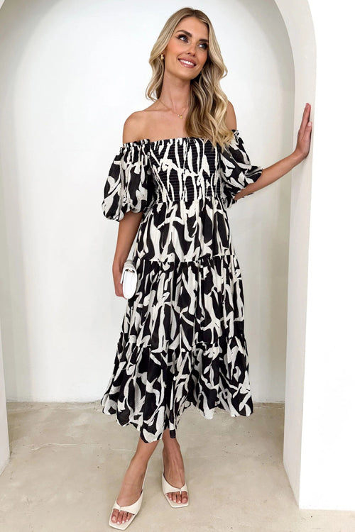 Botanical Floral Print Off Shoulder Smocked Puff Sleeve Tiered Midi Dress