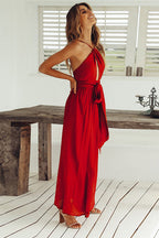 Halter Keyhole Wrap Waist Side Slit Crinkle Maxi Dress