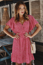 Ditsy Floral Print Surplice V-Neck Flutter Sleeve Drawstring Waist Ruffle Hem Mini Dress