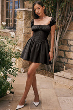 Square Neck Puff Sleeve Button Front Corset Bodice Skater Mini Dress