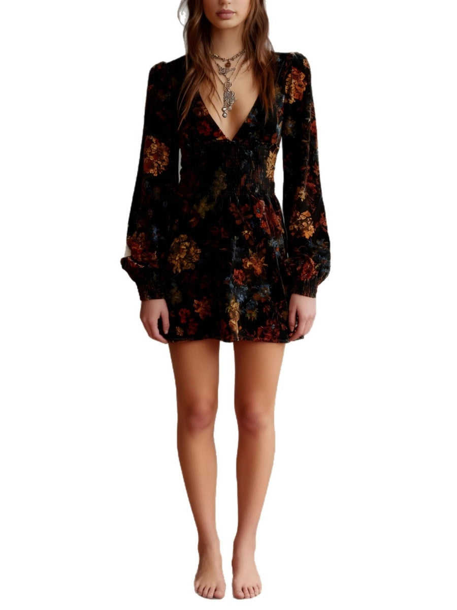 Printed V-neck Velvet Mini&Short Dresses