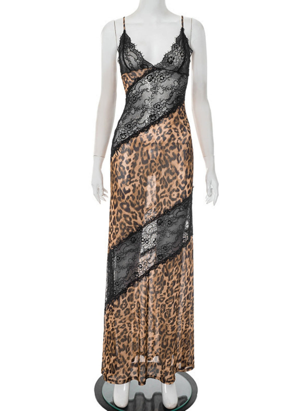 Leopard Print Lace Patchwork Deep V Halter Top Fish Tail Maxi Dresses