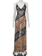 Leopard Print Lace Patchwork Deep V Halter Top Fish Tail Maxi Dresses