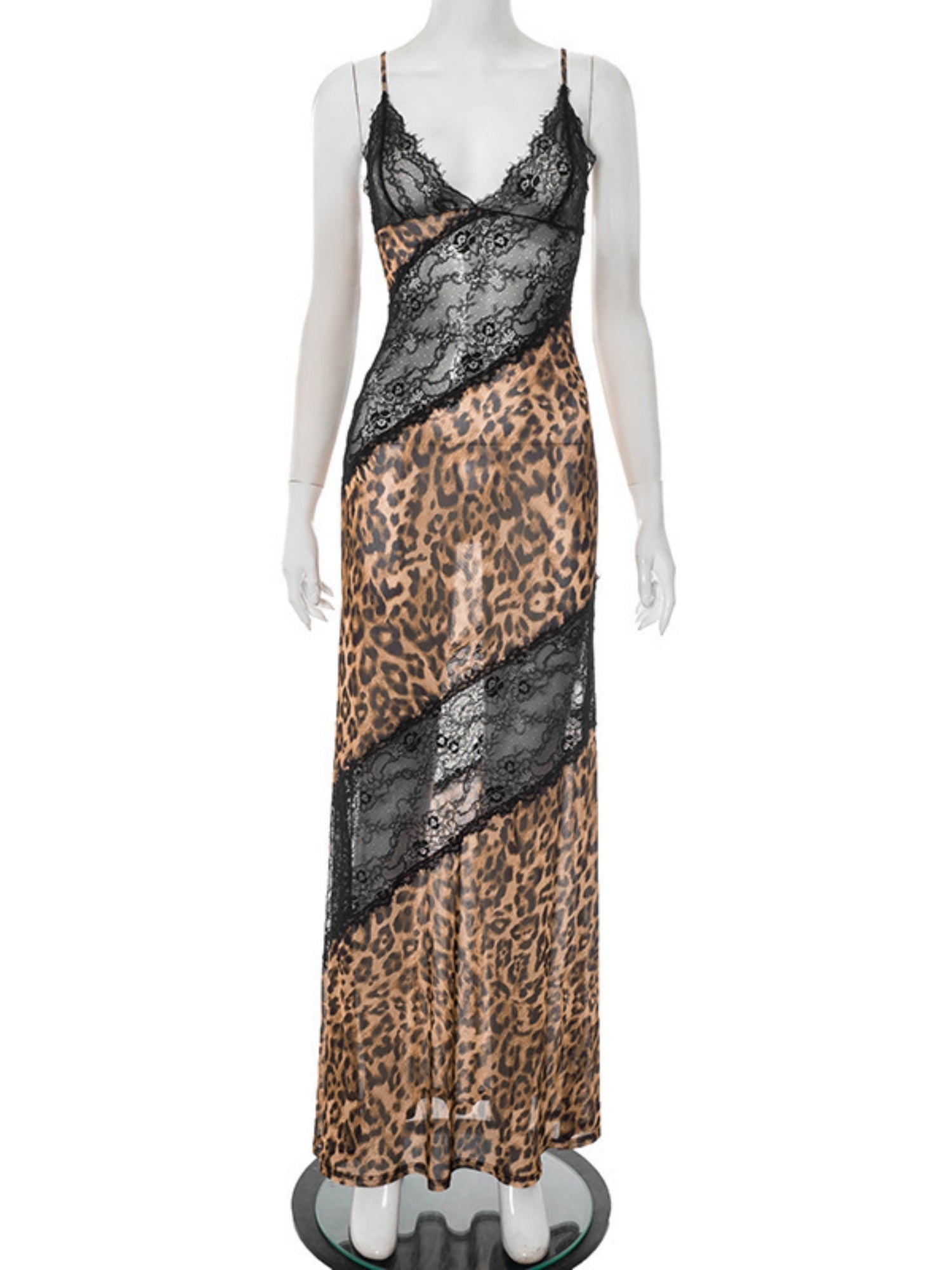 Leopard Print Lace Patchwork Deep V Halter Top Fish Tail Maxi Dresses