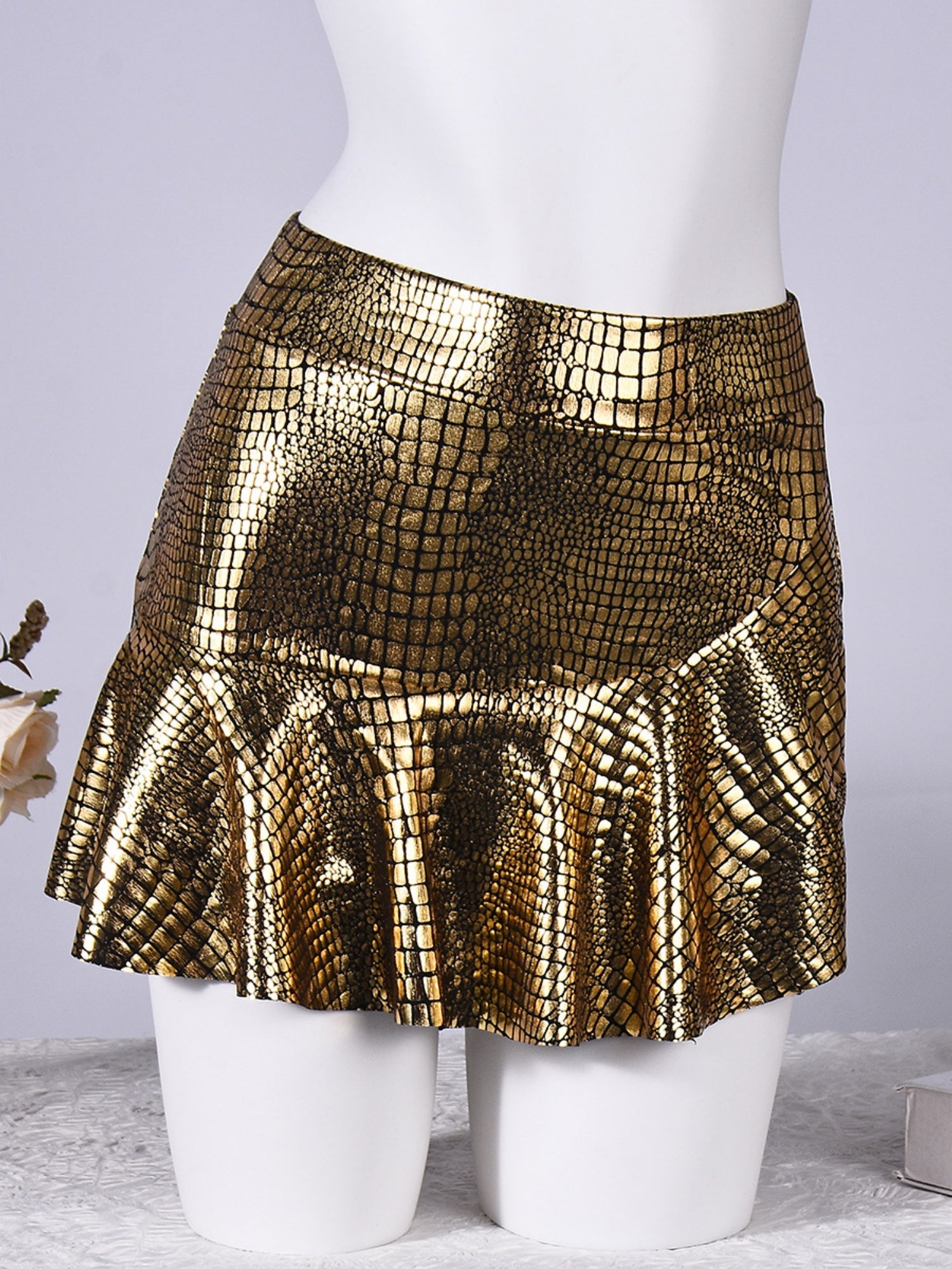 PU Leather Crocodile Pattern Stretch Short Skirt