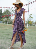 Wrap-up V-neck Bandage Asymmetrical Skirt Vacation And Leisure Maxi Dresses