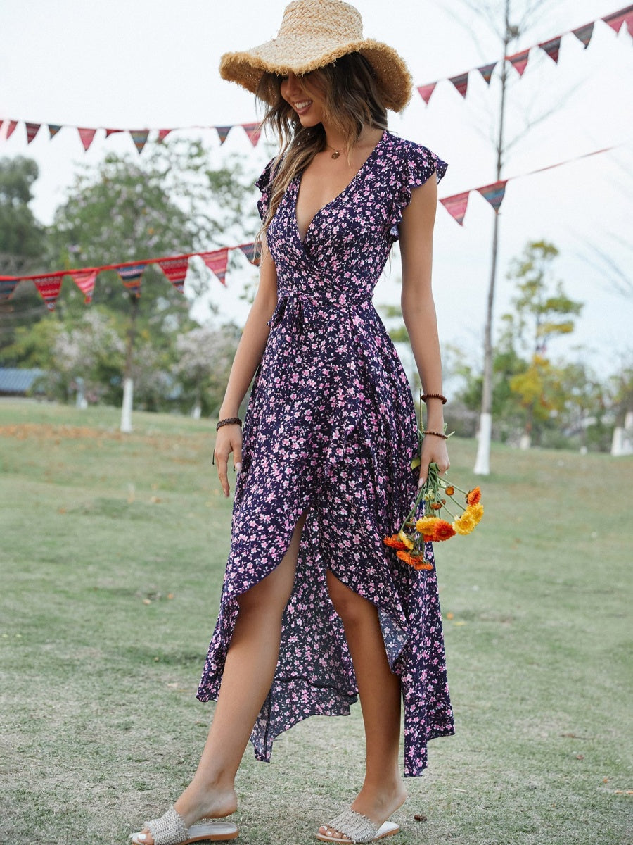 Wrap-up V-neck Bandage Asymmetrical Skirt Vacation And Leisure Maxi Dresses