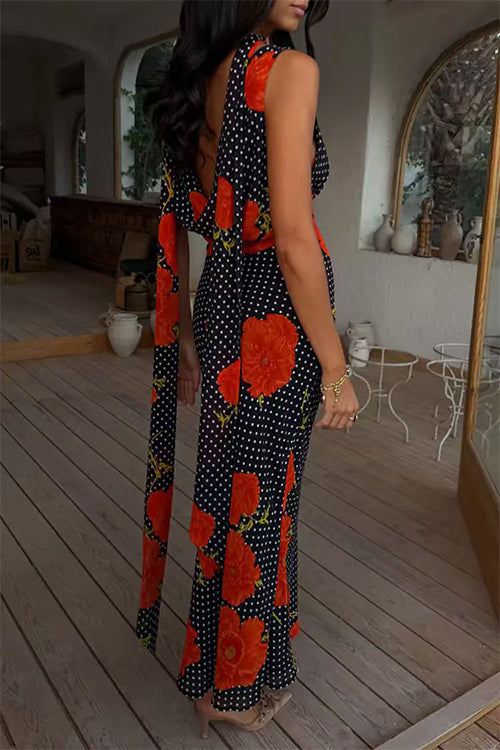Cowl Neck Backless Floral Print Maxi Dress with Scarf