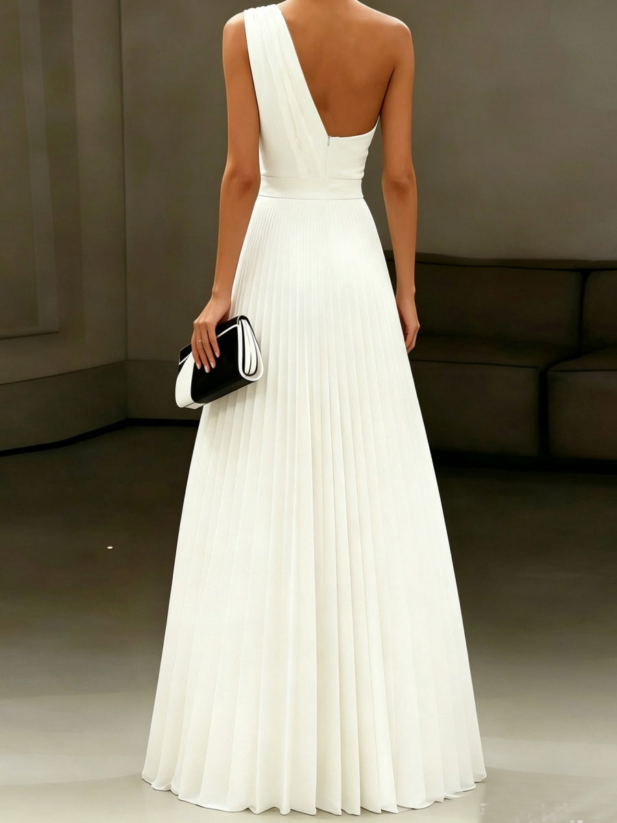 One Shoulder White Grace Pleats Formal Dress Maxi Dresses