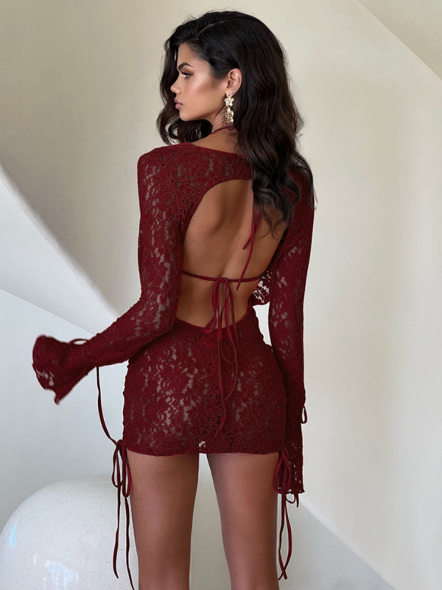 Bandage Lace Bra Draped Collar Dress Set 2-piece Sets