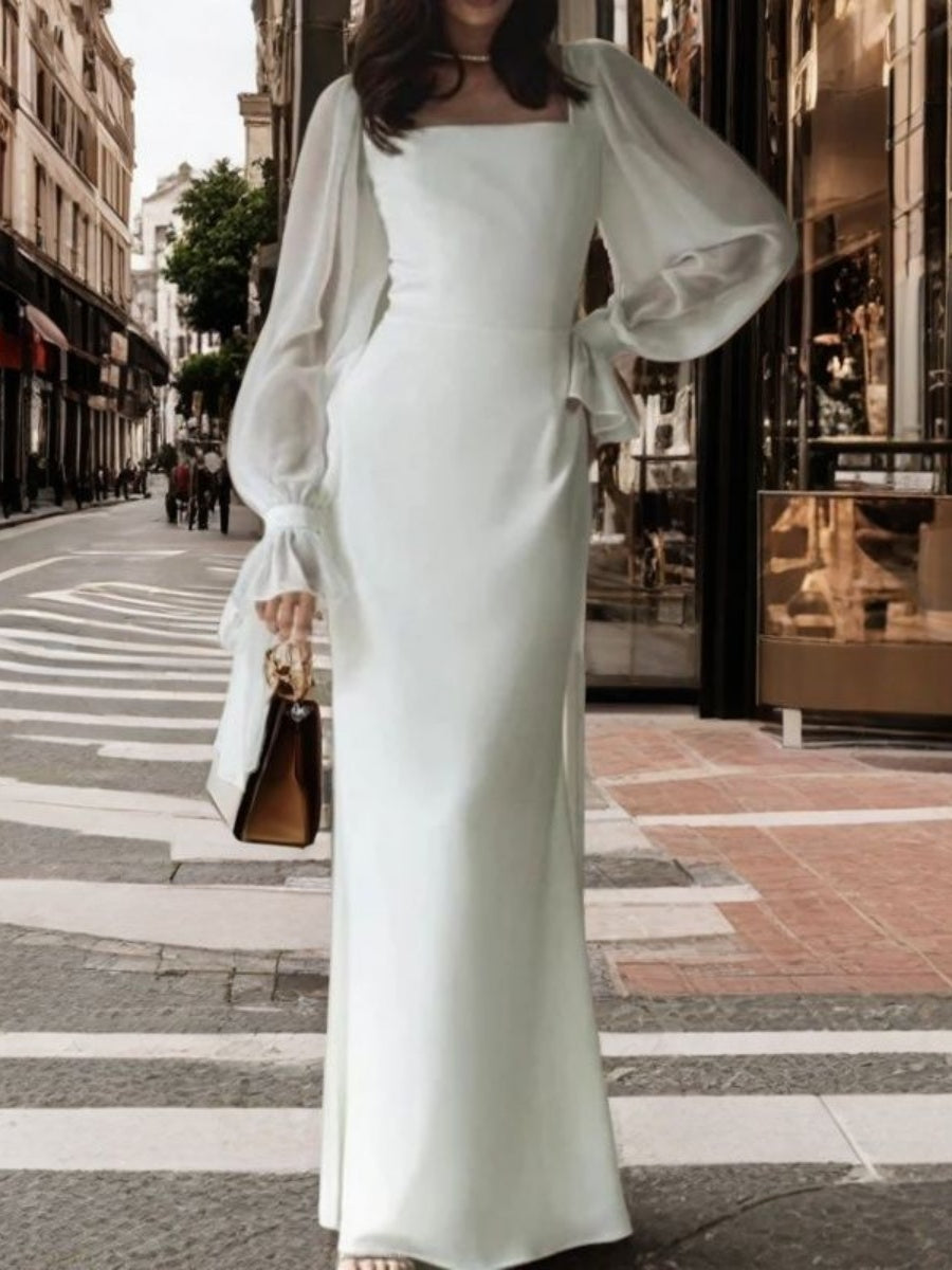 Square Collar Splicing Mesh Formal Dress Maxi Dresses