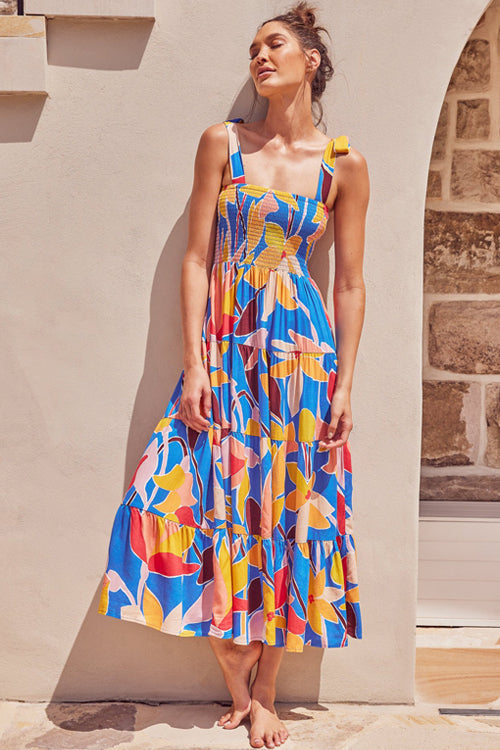 Floral Print Smocked Tie Shoulder Tiered Ruffle Maxi Dress