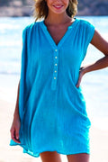 Buttons V Neck Sleeveless Ruched Beach Dress
