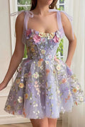 Sweetheart Corset Bodice 3D Floral Embroidered Tie Shoulder Mini Dress