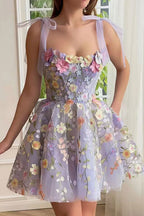 Sweetheart Corset Bodice 3D Floral Embroidered Tie Shoulder Mini Dress
