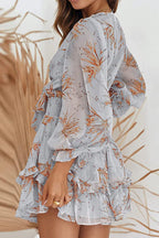 Tie Front Plunging V Neck Puff Sleeve Smocked Waist Tiered Ruffle Mini Dress