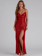 Sequins Slit Sexy Camisoles Formal Dress Maxi Dresses