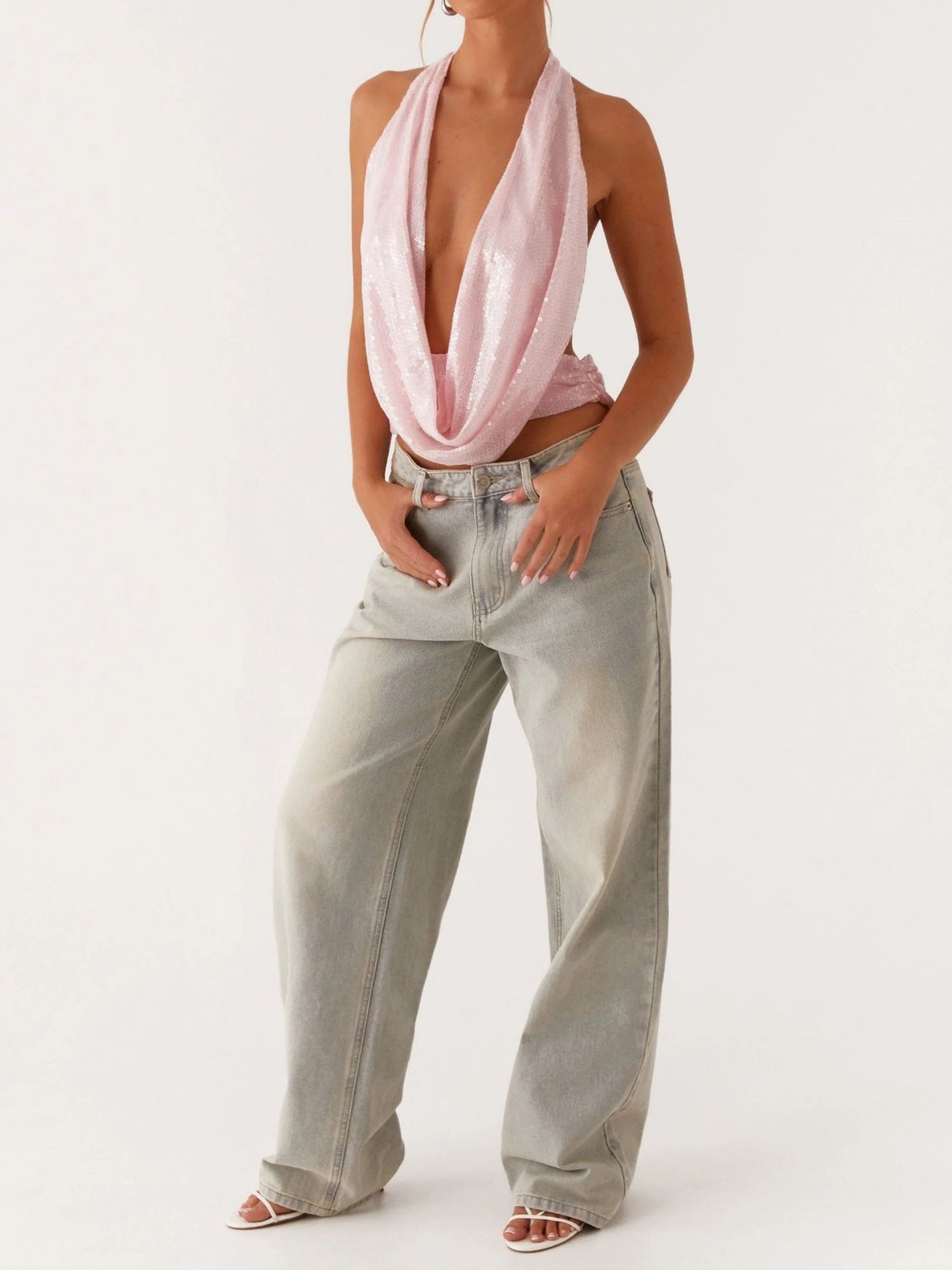 Sequined Halter Neck Backless Tie Sexy Suspenders