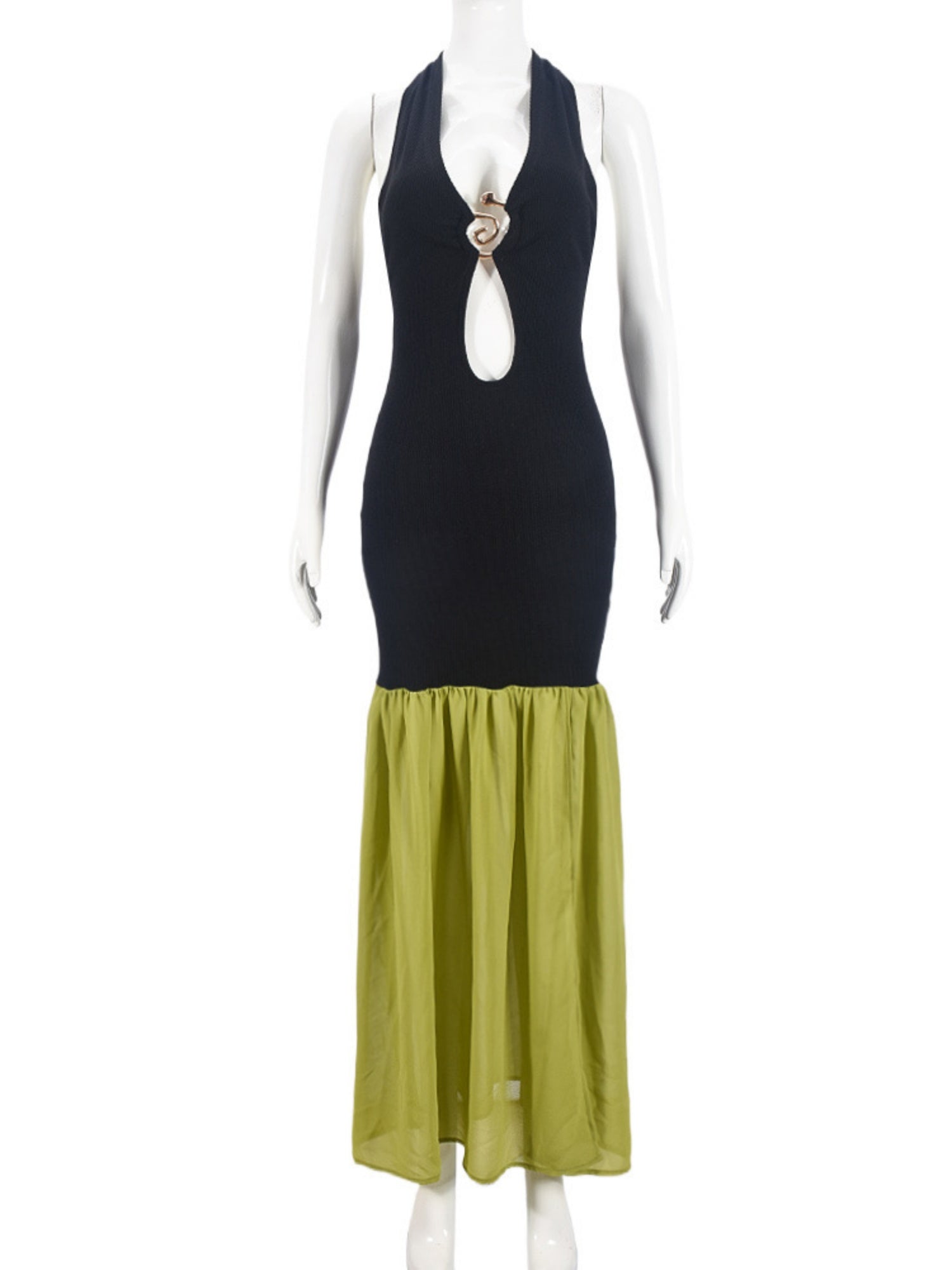 Hollow Out Color Matching Metal Decoration Bra Slit Maxi Dresses